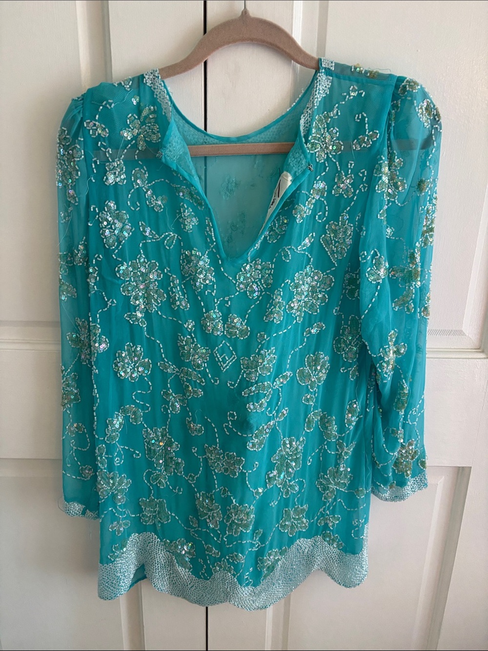 Lillie Rubin Teal Beaded Floral Embellished Tunic Top - Picture 2 of 4